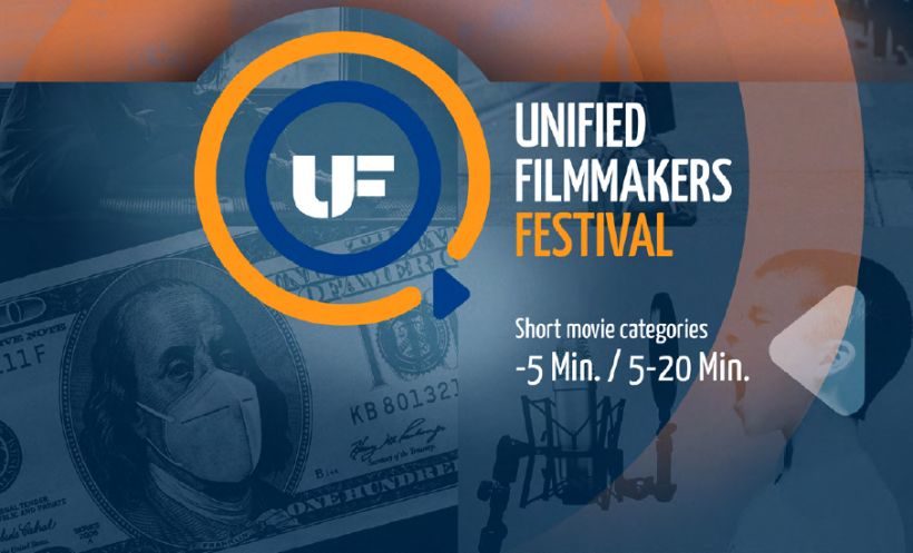 Mofiv Unified Filmmakers Festival - blauer und orangefarbener Kreis, im Hintergrund ein Dollarschein, George Washington mit Mund-Nasen-Schutz